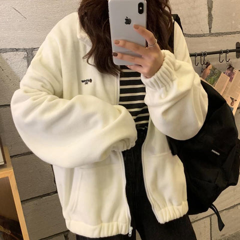 Sonicelife Harajuku Long Sleeve Oversized Hooded Sweatshirts Women Winter Vintage Clothes Woman Warm Thick Jacket Sweetshirt Zip Up Hoodies