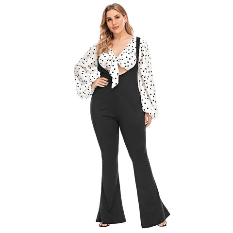 Sale Women Two Piece Set Puff Sleeve Crop Tops Bib Pants Polka Dot Shirts Elegant Clothing Bell Bottom Pant 6XL Plus Size D30