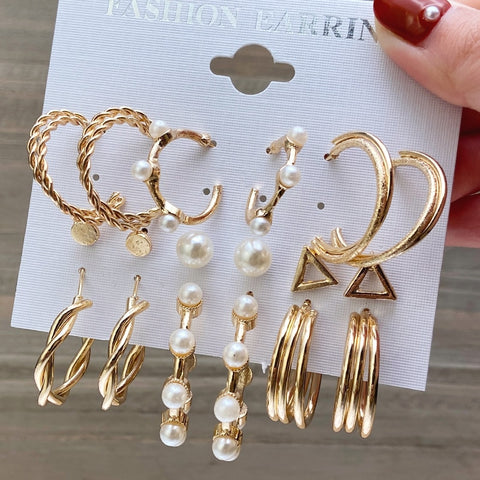 Sonicelife 17KM Fashion Pearl Hoop Earrings Set For Women Geometirc Gold Metal Circle Hoop Earrings Brincos 2023 Trend Jewelry Gift