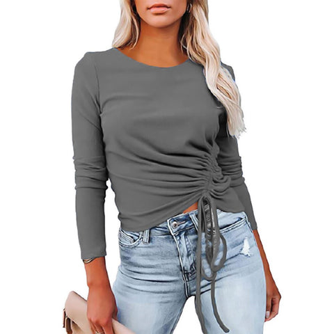 Sonicelife Office Lady Elegant Side Pleated Tops Women Stylish Long Sleeve Solid Color T-Shirt Round Neck Casual Slim Fashion Blouse D30