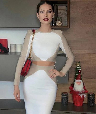 Sonicelife  2023 New Women'S  Hit Color Long-Sleeved Stitching Side Zipper Bodycon bandage Two-Piece Set Celebrity Party Club Suit