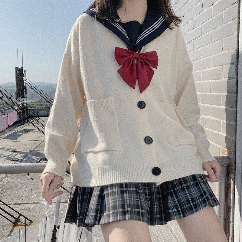 Sonicelife Student Uniform Japanese Fashion Sailor Cosplay Sweater Knit Cardigan Anime Student Costume Youth Solid Color Coat for Girls Jk