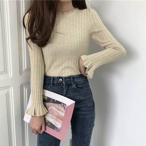 Sonicelife Christmas Gift AOSSVIAO Ruffles Pullovers Solid Flare Sleeve 2024 Autumn Winter All Match Women Sweaters Slim New Pull Femme Fashion Soft Tops