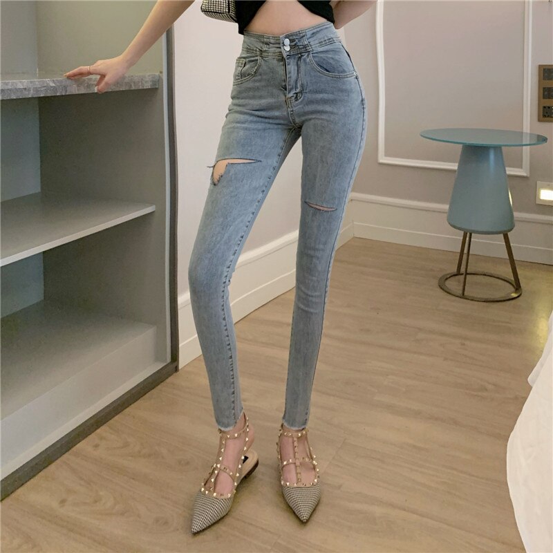 Woman Skinny Jeans Ripped High Waist Clothes Blue Denim Clothing Streetwear Vintage Quality 2021 Sretch Fashion Harajuku