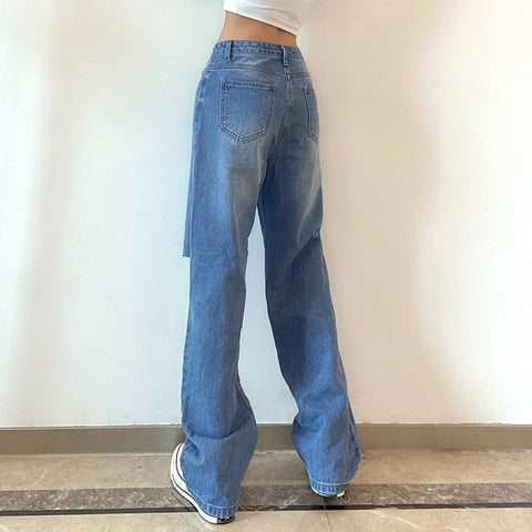 Sonicelife Vintage Cut Out Holes Chain Straight Jeans Women High Waist Loose Denim Long Pants Summer Casual Streetwear 90s Trousers