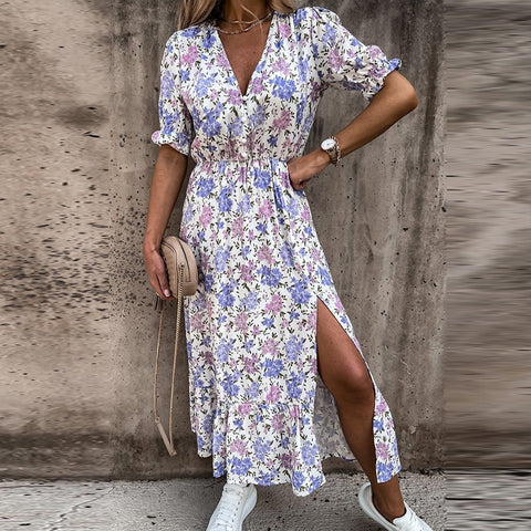 Sonicelife  Summer Floral Print Dress Women V Neck Side Slit Long Elegant Dress Short Sleeve Button Slim Spring Female Party Dress Vestidos