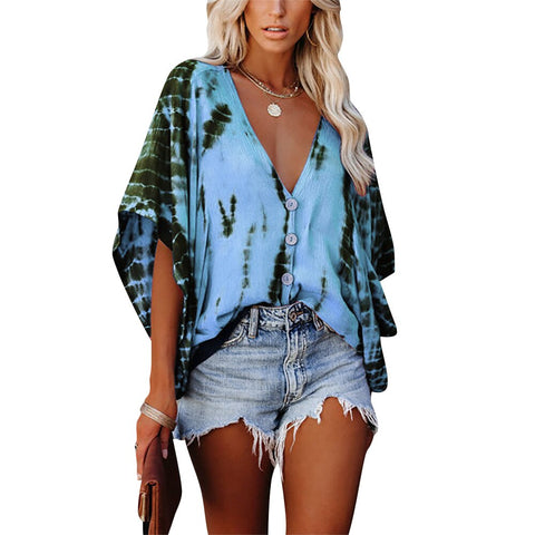 Sonicelife Women Blouses Summer Elegant V-Neck Chiffon Soft Tunic Casual Breathable Half Batwing Sleeve Tops Single Breasted Shirts D30