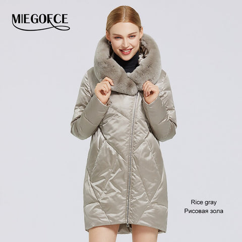MIEGOFCE 2023 Winter New Women's Cotton Coat With Stylish Fur Collar Rex Rabbit Long Jacket Winter Women Parkas Windproof Jacket