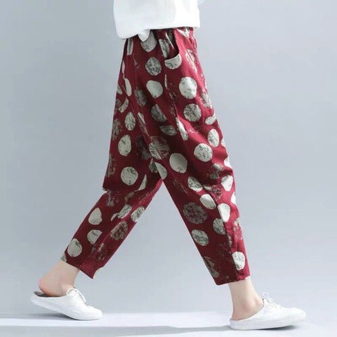 Sonicelife Women Harem Pants Cotton Linen Vintage High Waisted Trousers Spring Summer Loose Retro Floral Printed Wide Leg Pants Streetwear