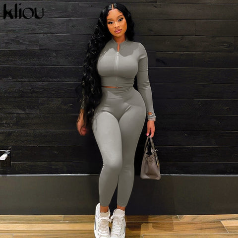 Kliou Solid Simple Two Piece Set Women Sheath Slim Casual Sporty Long Sleeve Zipper Top+Body-Shaping Female Activewear Outfits