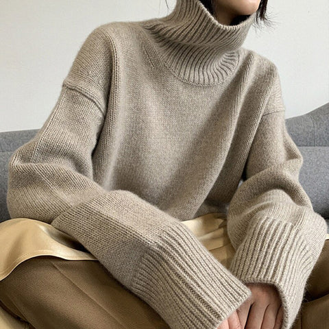 Women's Turtleneck Long Sleeve Sweater Oversize Pullovers Top Female Autumn Solid Gray Khaki Knitted Sweaters for 