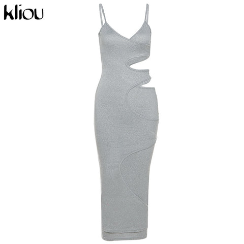 Sonicelife Kliou Cut Out Show Waist  Maxi Dress Women Shape Streetwear Sleeveless Skinny Slim Bodycon Vestidos Sense of Design Hot