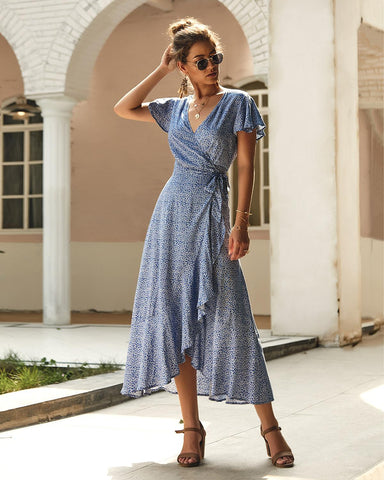 Sonicelife Summer Wrap Dress Beach Floral Print Bohemian Chiffon A Line Vintage Polka Dot Waist Tied Maxi Casual Dress Women0424
