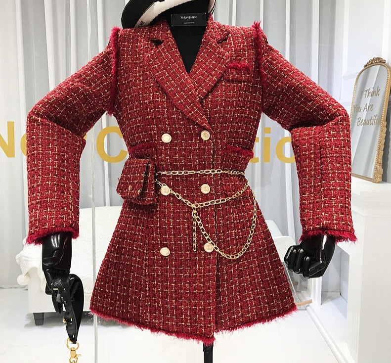 Sonicelife 2023 New Gold thread Plaid Suit Coat Women Notched Double breasted Feather Tassel Trim Slim Tweed Jacket With Free Belt bag