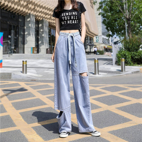 Sonicelife Woman Jeans Ripped Clothes High Waisted 2020 Summer Streetwear Baggy Wide Leg Vintage Fashion Stretch Harajuku Straight Pants