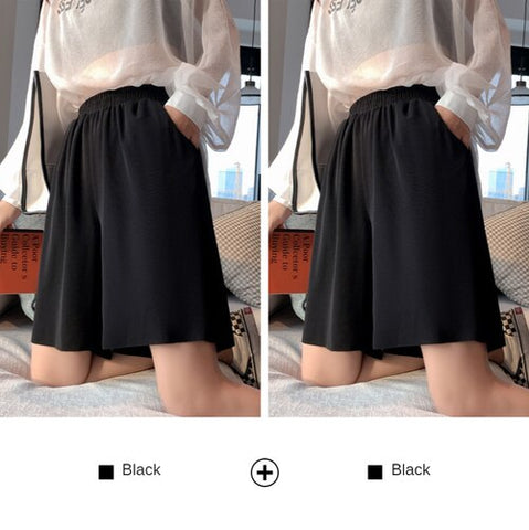 Sonicelife Wide Leg Short Pants Woman Summer Casual Ice Silk Straight Shorts Female Solid Elastic Waist Plus Size Slacks Short for Girls