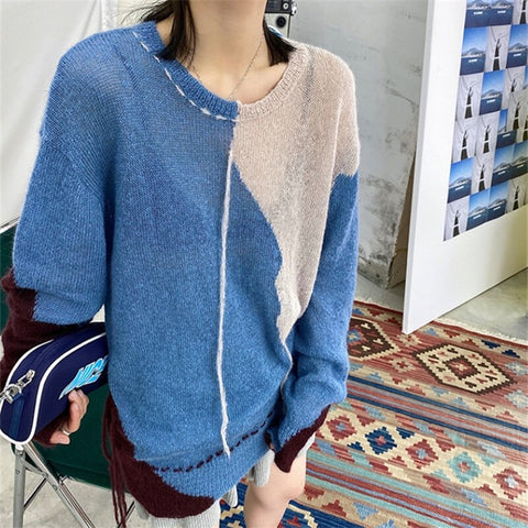 Loose Mohair Sweater Women Fall Korean Style O-neck Hit Color Long Sleeve Pullovers Female Fashion Casual Soft Lady Jumpers Tops
