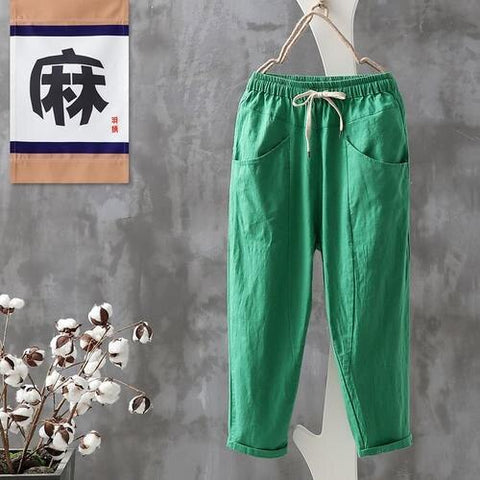 Sonicelife Women's Harem Pants Summer Cotton Linen Vintage Oversize Loose Solid Elastic High Waisted Trousers Streetwear Women Capris Pants
