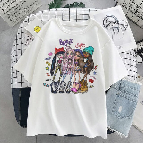 Sonicelife Summer New Bratz Letter Women T-Shirts Casual White Tops Fashion Harajuku Short Sleeve Print Y2k Graphic Streetwear T Shirt
