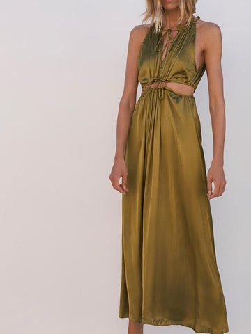 New Woman Summer Dresse Hollow-Out Design Silk Satin Slim Textured Dress Vestidos De Fiesta