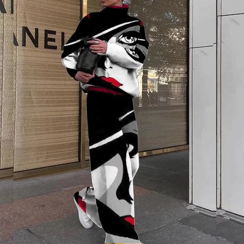 Sonicelife  Women Vintage Turtleneck Print Tops Pullover + Wide Leg Pants Suits Casual Pattern Knit Tracksuit 2 Piece Set Fashion Streetwear