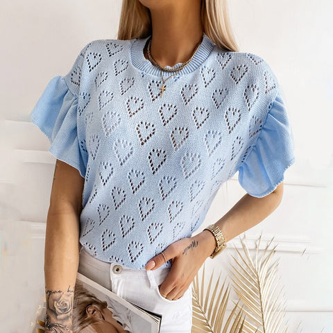 2023 Autumn Women Ruffles Sleeve Heart Pattern Hollow-out Short Sleeve T-Shirts Fashion Elegant Casual Workwear Knit Top Blouse