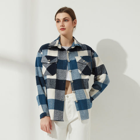 Sonicelife Womens Plaid Shirt Jacket Coat Ladies Pockets Thick Turn Down Collar Plus Size Female Outerwear