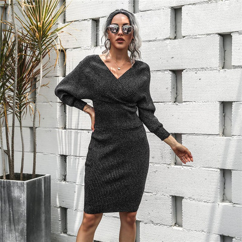 Sonicelife Autumn Winter  Backless Knitted Dress Women Casual Batwing Sleeve Sweater Skirt Patchwork Dress For Women 2023 New Fashion