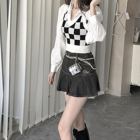 Sonicelife  Y2K Korean Style Plaid Cropped Sweater Vest Women Harajuku Checkerboard V-Neck Knitted Long Sleeve Jumper Female Tops