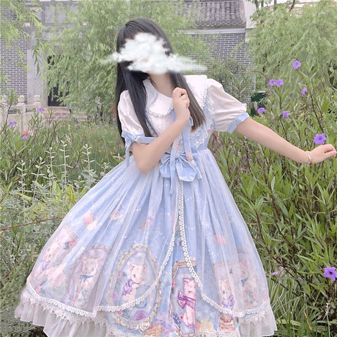 Lolita sweet Japanese soft sister Lolita cat high waist mesh short sleeve op dress Kawaii girl summer
