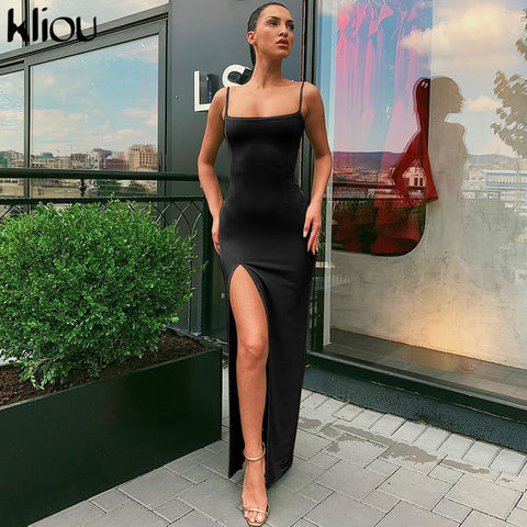 Kliou elegant sleeveless slit  maxi dress women fashion party vestidos outfits bodycon solid female clothing classic