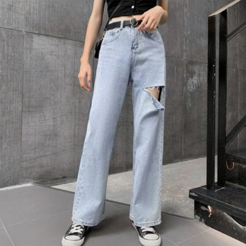 Sonicelife Woman Jeans Ripped High Waist Clothes Wide Leg Denim Clothing Streetwear Vintage Quality 2024 Fashion Harajuku Straight Pants