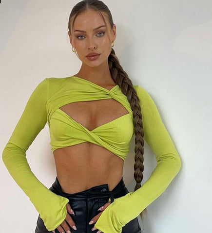 Sonicelife Long Sleeve Spring Autumn Women's Cropped Tops Cut Out  Green Tops T-Shirts Wrap Elegant Top Tees Slim Clothes