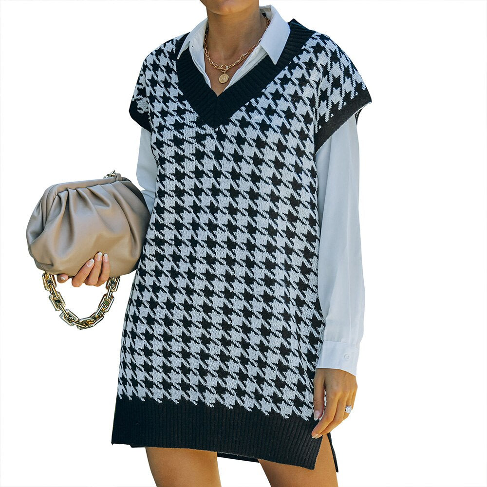 Sonicelife Women Houndstooth Sweater Vest Vintage V Neck Sleeveless Pullover Loose Chic Knitwear Plaid Spring Autumn Office Ladies Tank Top