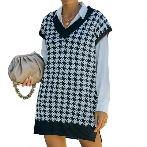 Sonicelife Women Houndstooth Sweater Vest Vintage V Neck Sleeveless Pullover Loose Chic Knitwear Plaid Spring Autumn Office Ladies Tank Top