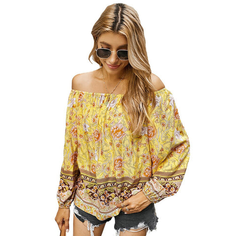 Sonicelife Sale Women Floral Print Off Shoulder Tops Bohemia Blouses Shirts Casual  Pullover Top Spring Lady Chic Long Sleeve Blusa D30