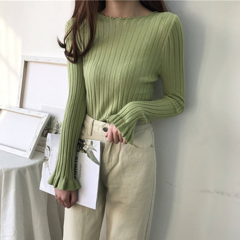 Sonicelife Christmas Gift AOSSVIAO Ruffles Pullovers Solid Flare Sleeve 2024 Autumn Winter All Match Women Sweaters Slim New Pull Femme Fashion Soft Tops