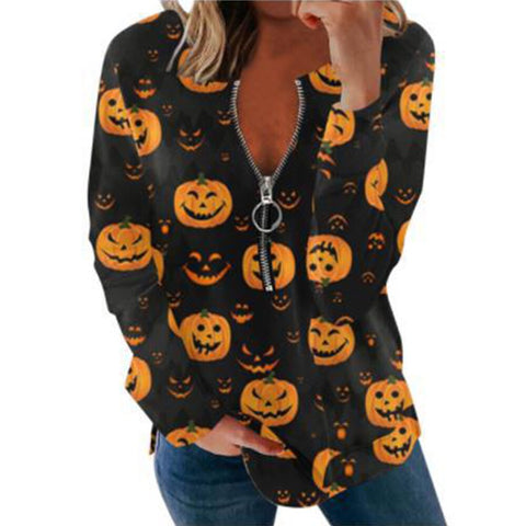 Sonicelife Women Halloween Long Sleeve Sweatshirts Pumpkin Ghost Printed Loose Tops Round Neck Tee Casual Autumn Party Zipper Streetwear