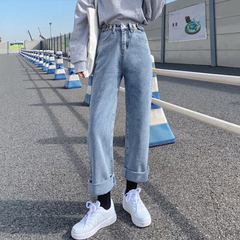 Sonicelife Woman Jeans High Waist Clothes Wide Leg Denim Clothing Blue Streetwear Vintage Quality 2024 Fashion Harajuku Straight Pants