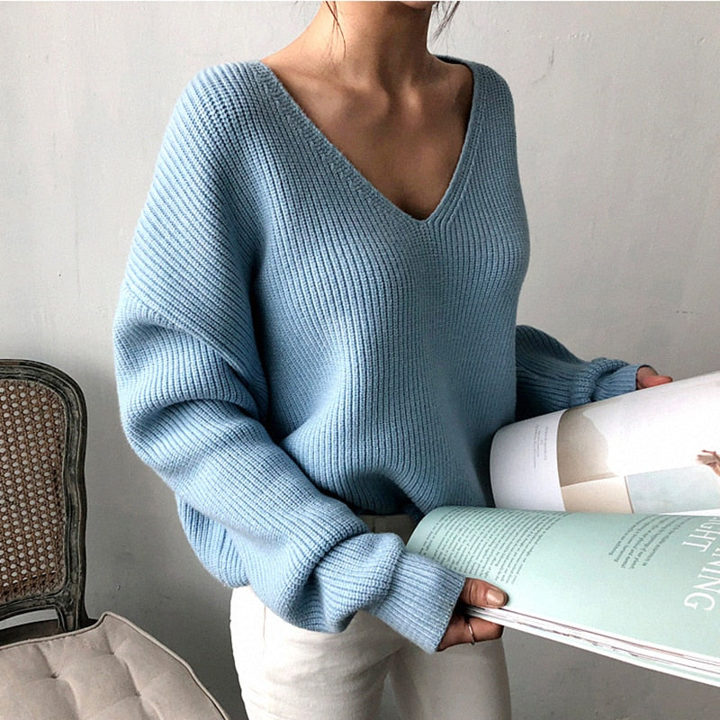 Women Sweater V-Neck Winter Fashion All-match 2023 Batwing Sleeve Knitted Sweater Solid Casual Long Korean Sleeve Top Jumper