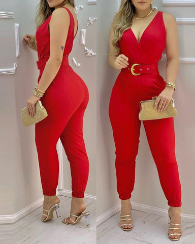 Sonicelife 2023 Women Summer Sping Plain Thick Strap Jumpsuit With Belt V-Neck Thick Strap Sleeveless Solid Casual