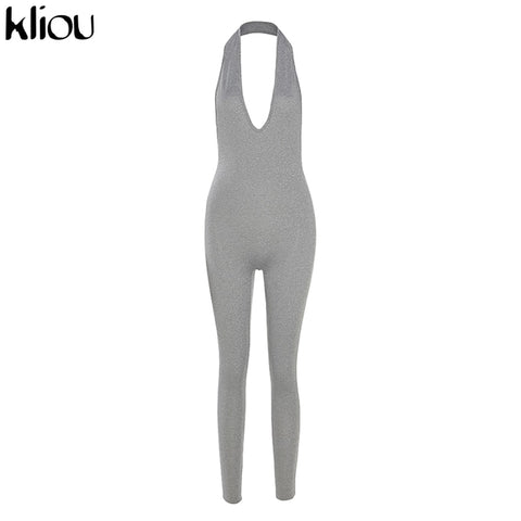 Sonicelife Kliou halter women activewear v-neck  bandage sleeveless jumpsuit skinny rompers solid elastic bodycon fitness casual outfit