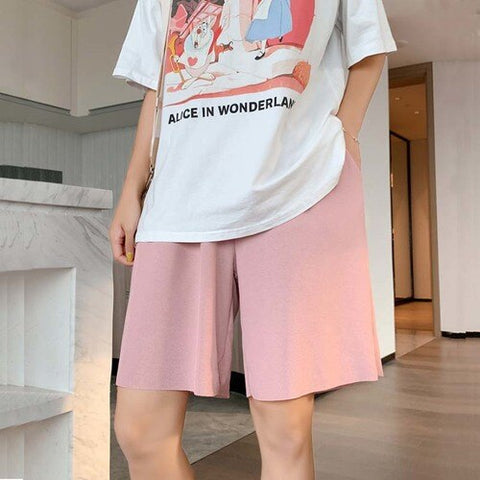 Sonicelife Wide Leg Short Pants Woman Summer Casual Ice Silk Straight Shorts Female Solid Elastic Waist Plus Size Slacks Short for Girls
