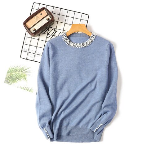 Women's Oversize Sweater Pullover Korean Style Long Sleeve O Neck Pearl Knitted Sweaters Ladies Knitwear Woman Jumper Top