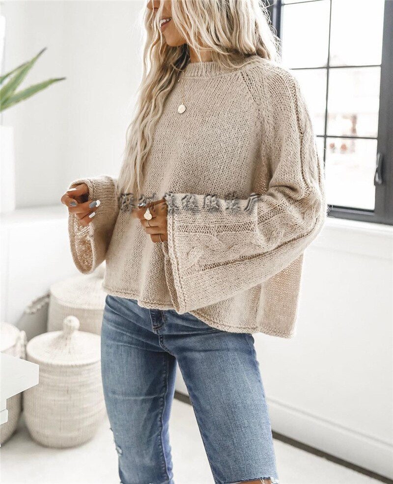 Sonicelife Women Sweater  Knitted O Neck Sweater Women Pullover Flare Sleeve Thin Sweaters Knitted Autumn Loose Solid Color Sweater