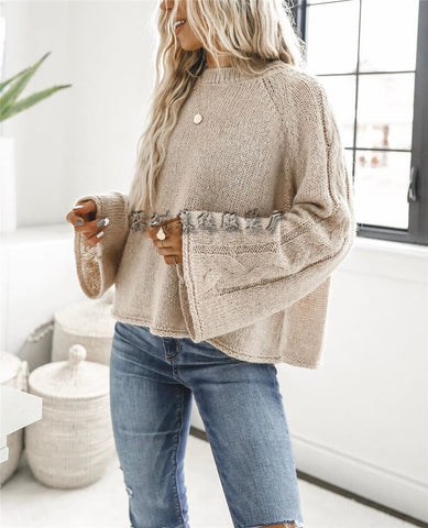 Sonicelife Women Sweater  Knitted O Neck Sweater Women Pullover Flare Sleeve Thin Sweaters Knitted Autumn Loose Solid Color Sweater