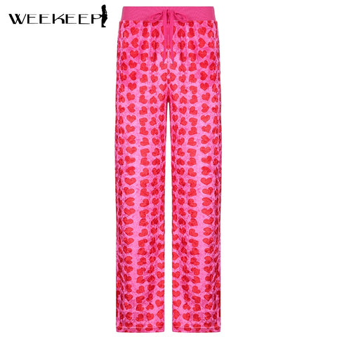 Weekeep Pink New Cute Heart Velvet Straight Trousers Streetwear Women Lace Up High Waist Baggy Pants Autumn Casual Sporty Jogger