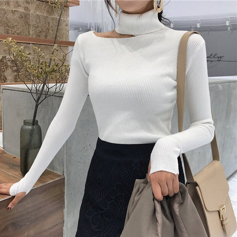 Sonicelife Christmas Gift 2024 Knitted Women high neck Sweater  Off Shoulder Pullovers Turtleneck Autumn Winter Basic Women Sweaters Slim Fit Tops