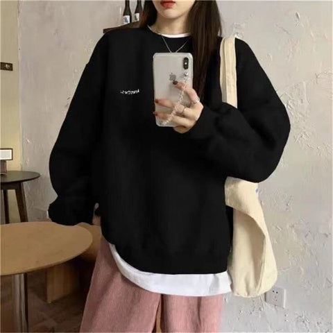 Sonicelife Casual Crewneck Sweatshirt Women Aesthetics Letter Long Sleeve Hoodies Fashion Korean Plush Woman Sweetshirt Egirl Clothes Tops