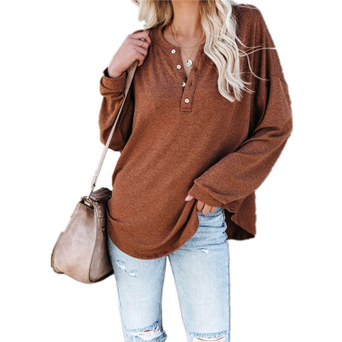 Sonicelife Solid Color Long-Sleeve Tops Pullover Button V Neck T-Shirt Spring Autumn Office Lady Elegant Tees Female Loose Clothes 2024